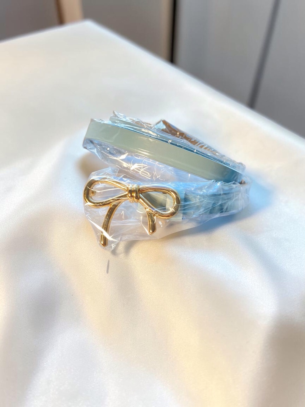 Light Blue Skinny Belt Gold Bow Buckle Coquette